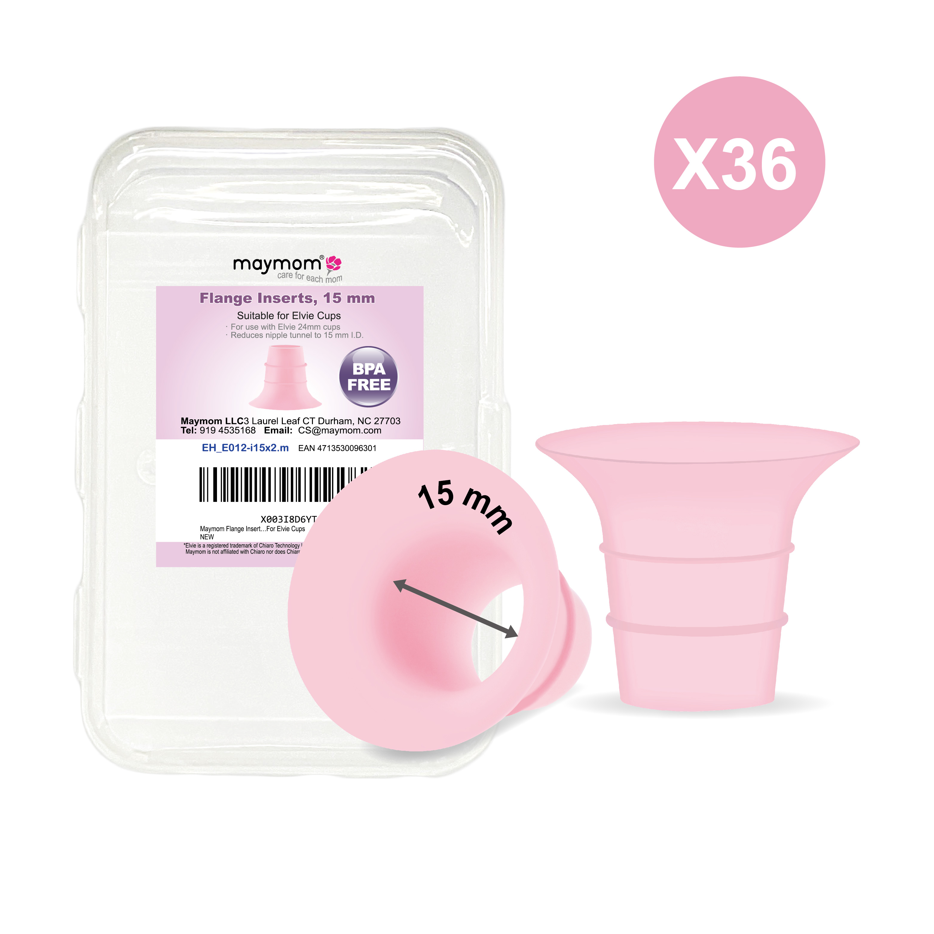 (image for) Maymom Flange Insert 15 mm (Short, Pink), 2 pcs/pack, 36 packs/kit, for USA ONLY, Compatible with Elvie Stride Cup (24mm)