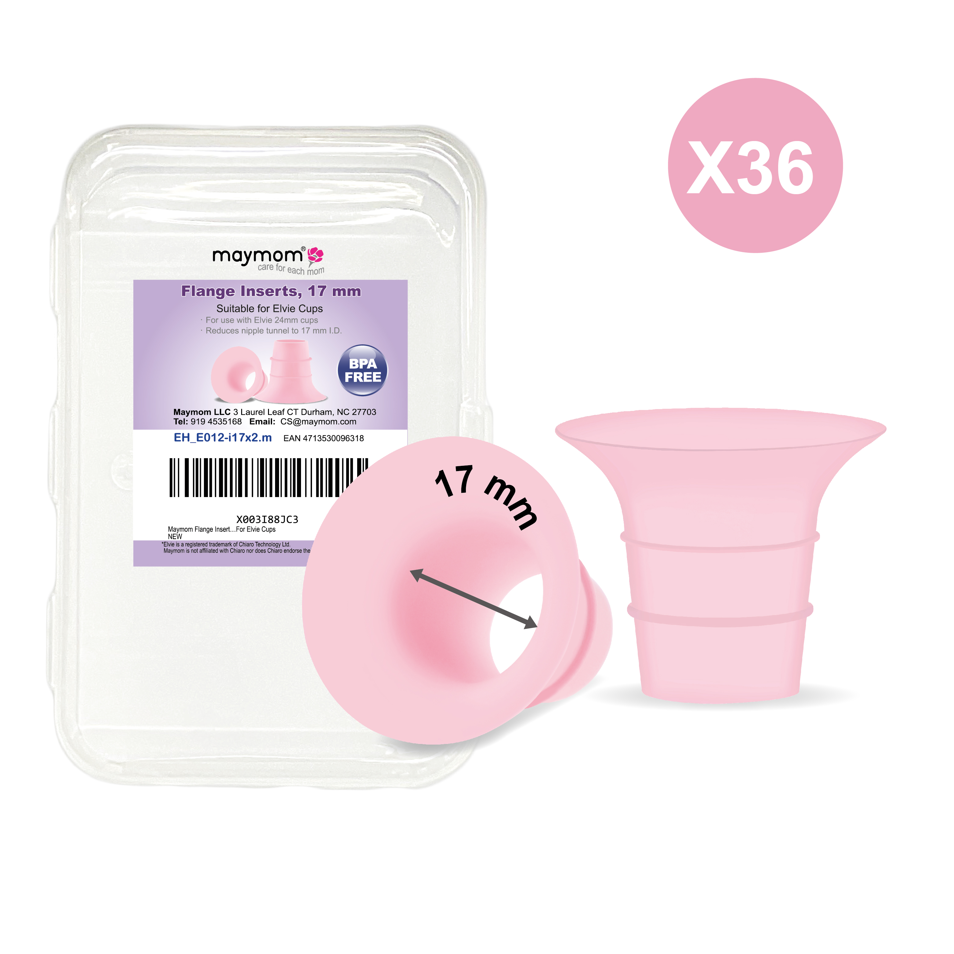 (image for) Maymom Flange Insert 17 mm (Short, Pink), 2 pcs/pack, 36 packs/kit, for USA ONLY, Compatible with Elvie Stride Cup (24mm) - Click Image to Close