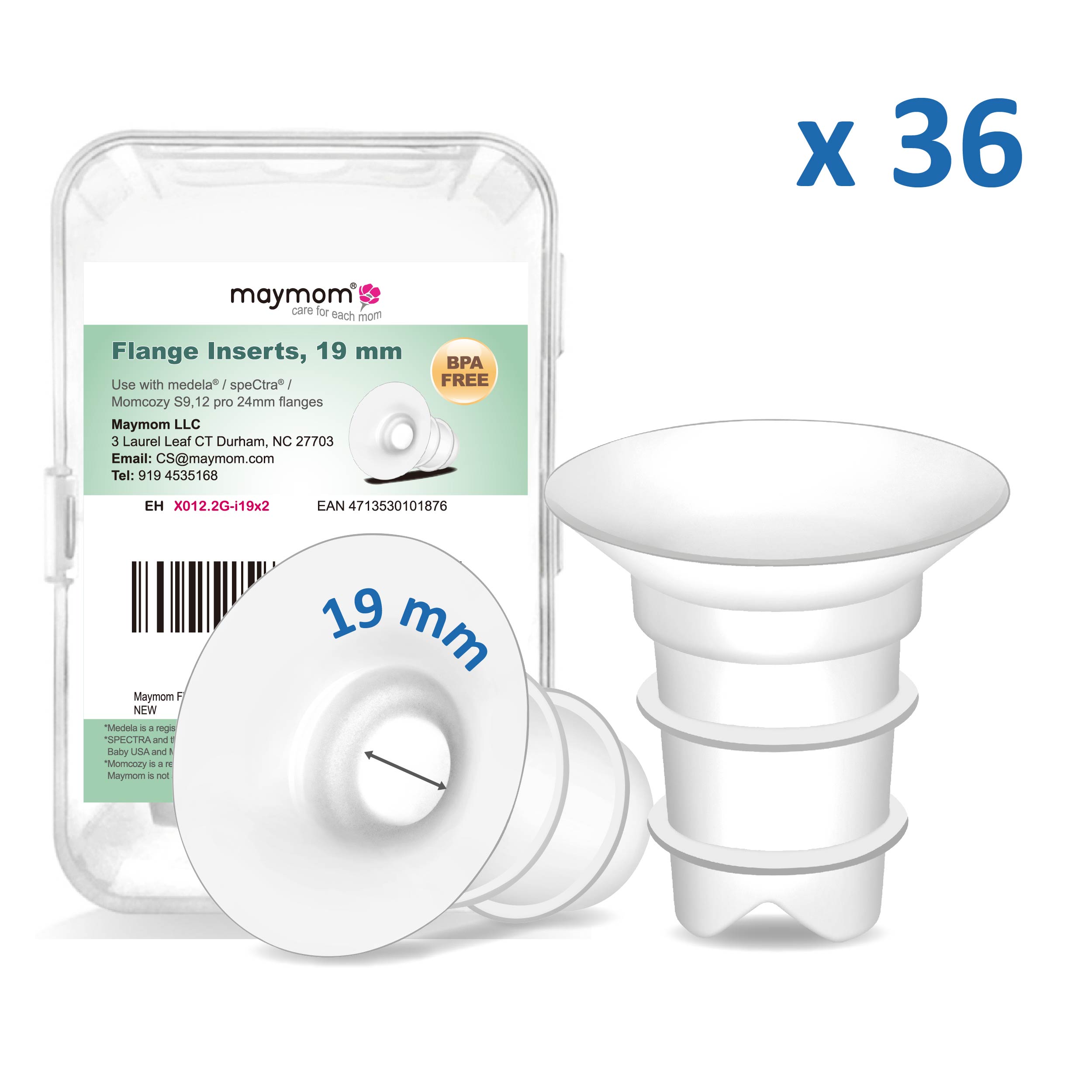 (image for) Maymom Flange Inserts 19mm Compatible with Spectra, Medela 24 mm Shields, Momcozy S9 Pro/S12 Pro, Willow Wearable Cup. Compatible with Medela Freestyle, 36 packs/kit, for USA ONLY